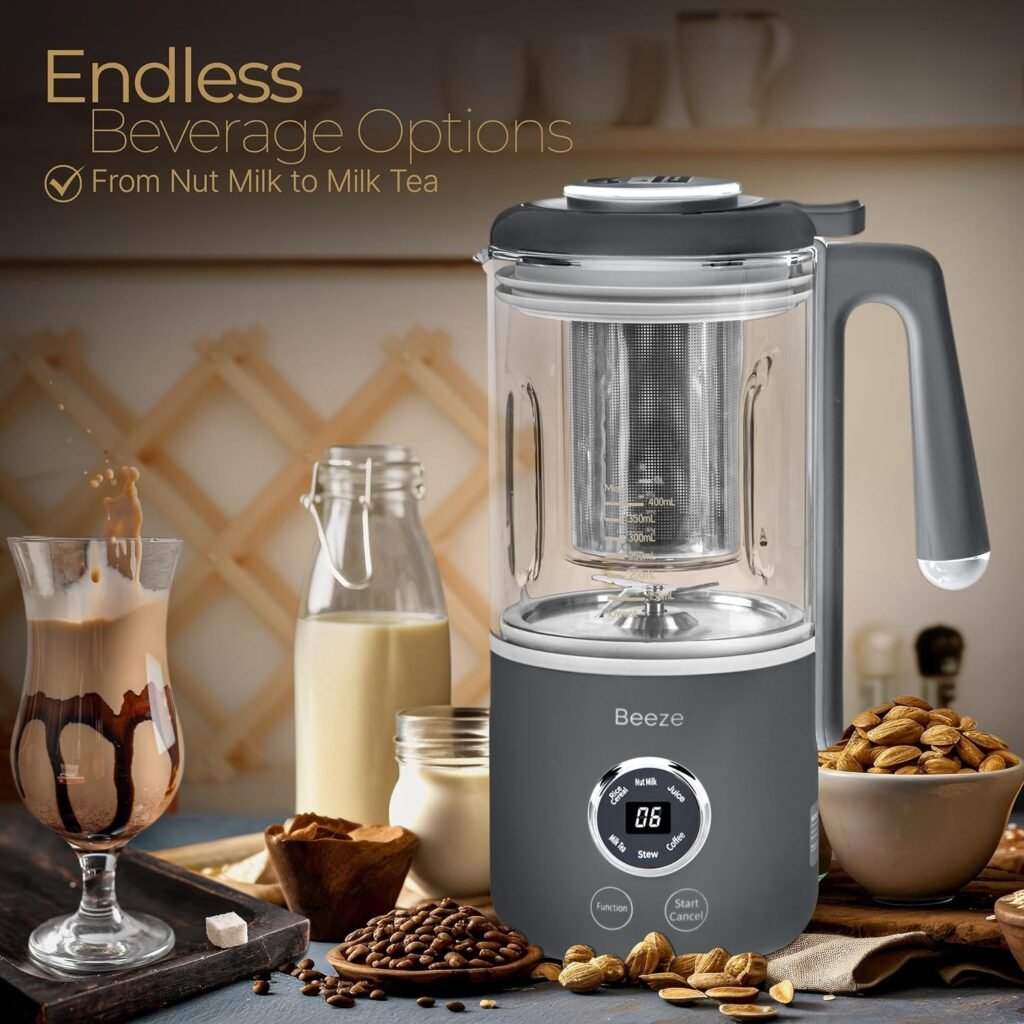 BEEZE Automatic Nut Milk Maker Machine - Make Almond, Soy, Oat, Cashew, Coconut Milk - Glass Blender, Built In Strainer, Smart Touch, 12-Hour Delay Timer