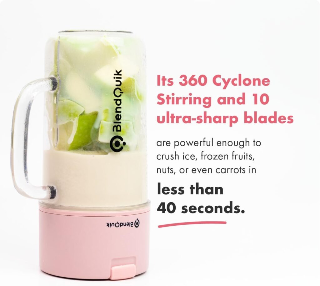 BlendQuik Portable Blender - Mason Jar Style - Shakes, Smoothies  More, Direct Drinking, Spill-Proof, Ergonomic  Stylish Design w/14 oz Capacity, 10-Blade Blending System w/Ice-Crushing Power