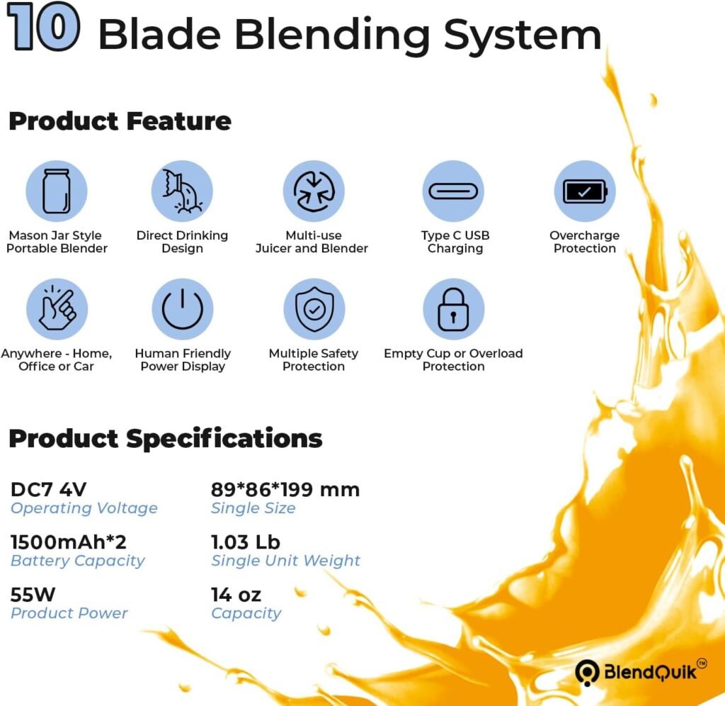 BlendQuik Portable Blender - Mason Jar Style - Shakes, Smoothies  More, Direct Drinking, Spill-Proof, Ergonomic  Stylish Design w/14 oz Capacity, 10-Blade Blending System w/Ice-Crushing Power