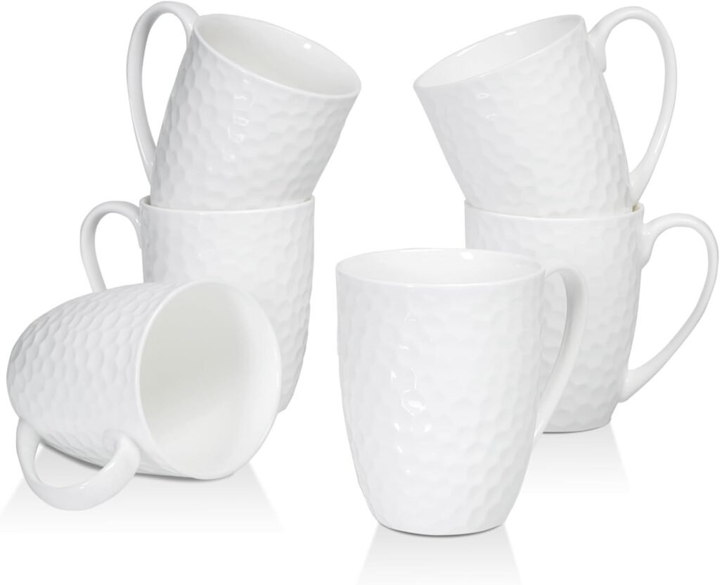 COSTMANCE White Coffee Mugs,12 oz Coffee Mugs Set of 6, Fine Bone China Mugs, Water Cube Relief Texture Porcelain Coffee Mugs Tea Cup, Upscale Coffee Mug, Microwave Safe Ceramic Cups