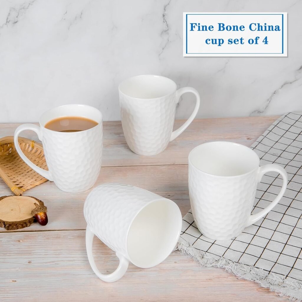 COSTMANCE White Coffee Mugs,12 oz Coffee Mugs Set of 6, Fine Bone China Mugs, Water Cube Relief Texture Porcelain Coffee Mugs Tea Cup, Upscale Coffee Mug, Microwave Safe Ceramic Cups