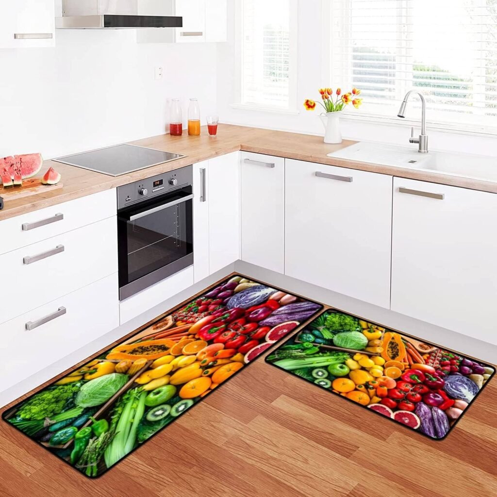 Kitchen Rugs Set Healthy Fresh Colored Fruits and Vegetables Kitchen Mat for Floor Non-Slip Washable Kitchen Runner Doormat Bath Rug Carpet Comfort Standing Mats Decorations