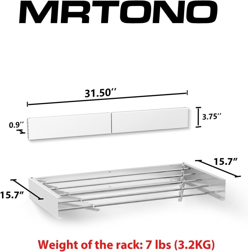 MrToNo Laundry Drying Rack Collapsible, Wall Mounted Clothes Drying Rack, 40 Wide, 16.5 Linear Ft, 5 Aluminum Rods, 60 lb Capacity (White 40 Large)