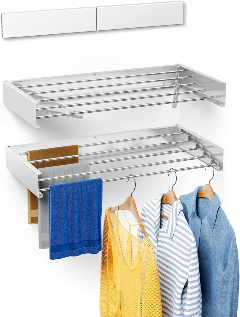 MrToNo Laundry Drying Rack Collapsible, Wall Mounted Clothes Drying Rack, 40 Wide, 16.5 Linear Ft, 5 Aluminum Rods, 60 lb Capacity (White 40 Large)