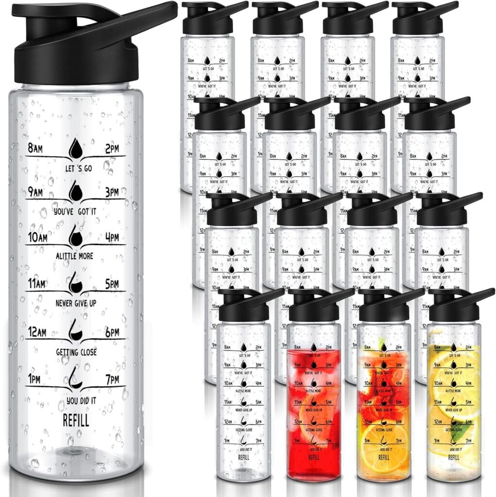 Rtteri 16 Pcs 24 oz Plastic Water Bottles with Time Marker Leakproof Water Bottle Clear Water Bottles with Handle for Women Men Fitness Outdoor Hiking Camping Sports