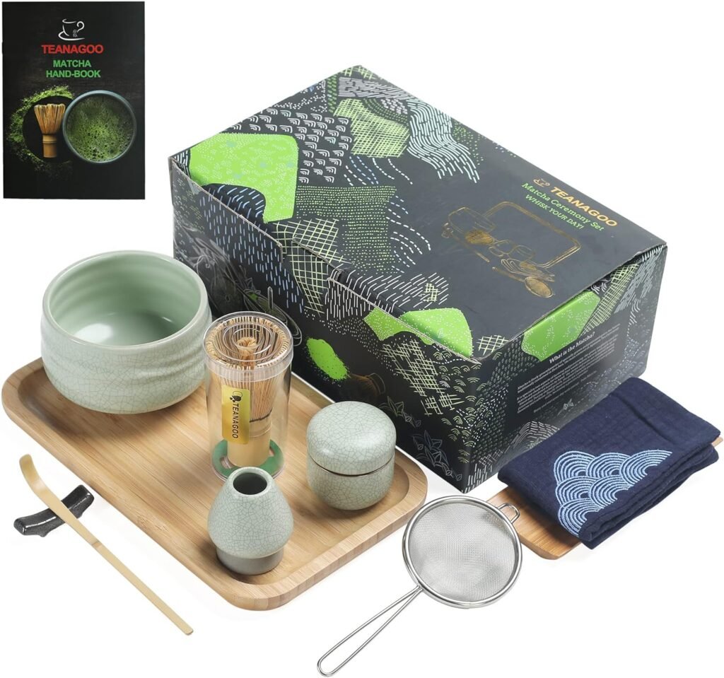 TEANAGOO Japanese Tea Set Matcha Whisk Set Matcha Bowl Bamboo Matcha Whisk (chasen) Scoop (chashaku) Matcha Whisk Holder Tea Making Kit. O6 Matcha Green Tea Powder Kit. Matcha Tea Tray