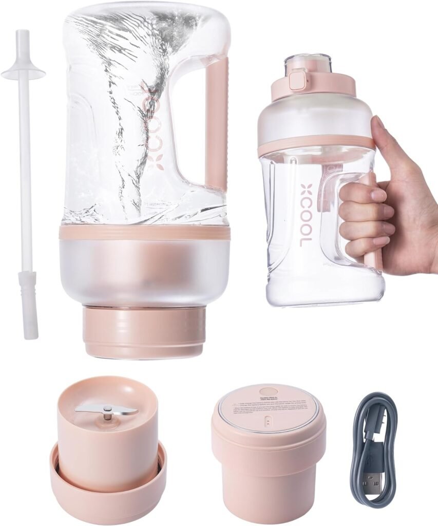 XCOOL 3-in-1 Pink Portable Protein Shaker Bottle  Blender, 1L Capacity Water Bottle, Perfect for Workout Supplements, High Power BPA-Free Ice Blender for Smoothies, Magnetic Rechargeable, Self-Clean